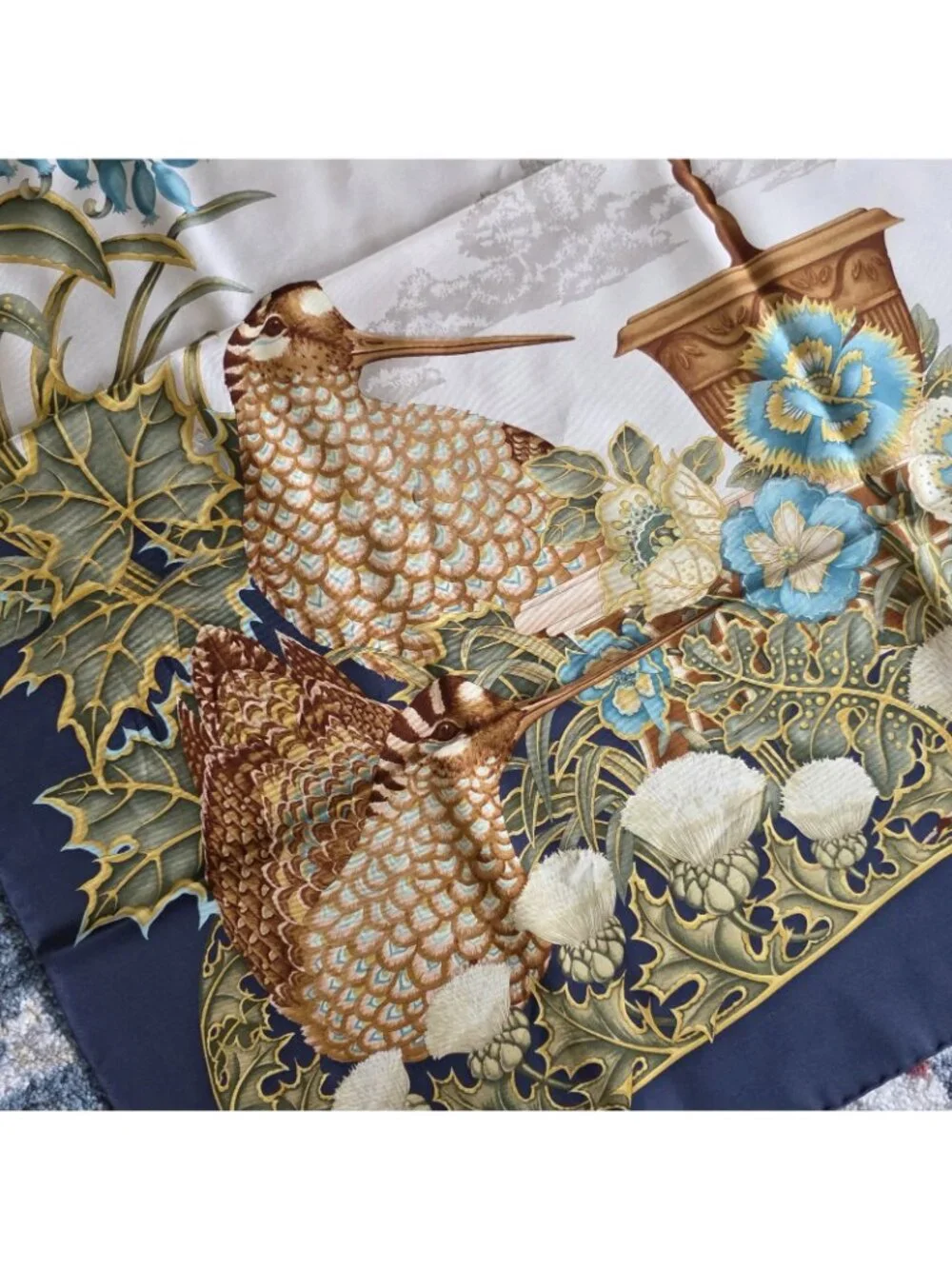 Vtg Salvatore Ferragamo Blue Pheasant Bird Silk Floral Print Hand Rolled Scarf